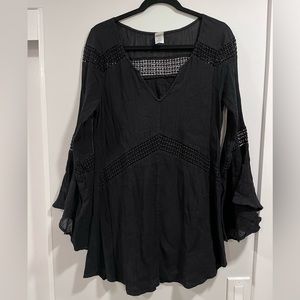 L*space Swim Coverup Black Cotton Boho Bell Sleeve Dress Large